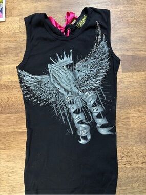 Kids Black Graphic Tank Top with Winged Praying Hands